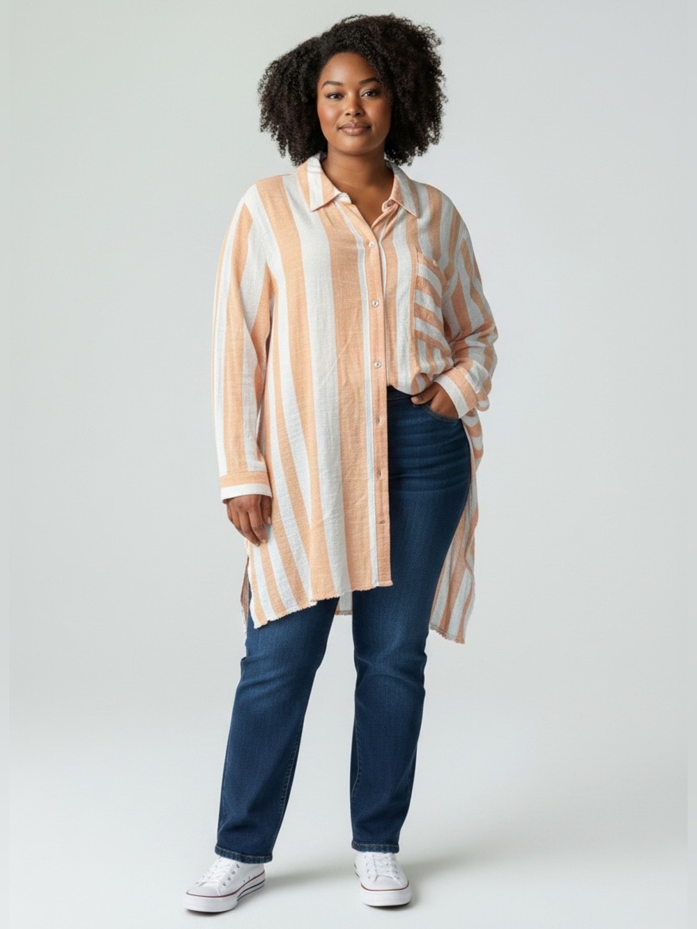 Ruby Rd. Peach & White Striped Button Down Duster Dress with Pockets NWT